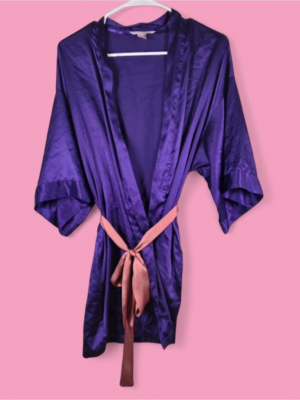 Victoria's Secret Purple Satin Kimono Robe with Pink Tie Belt
